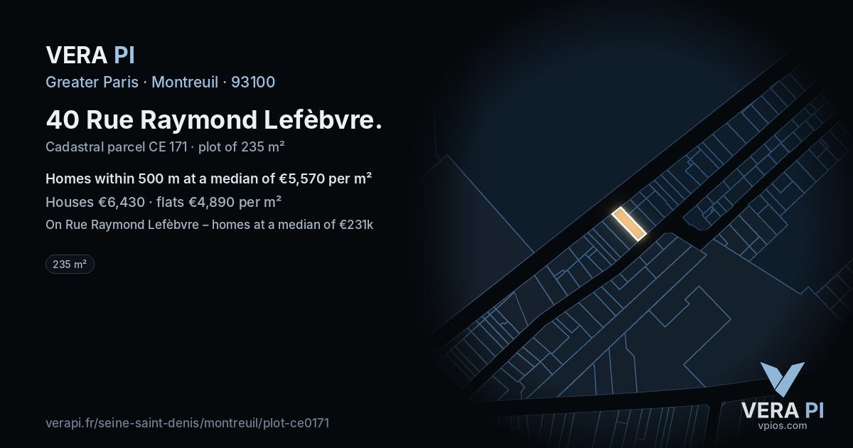 40 Rue Raymond Lefèbvre, Montreuil at night – the plot lit, the parcels around coloured by the prices near them