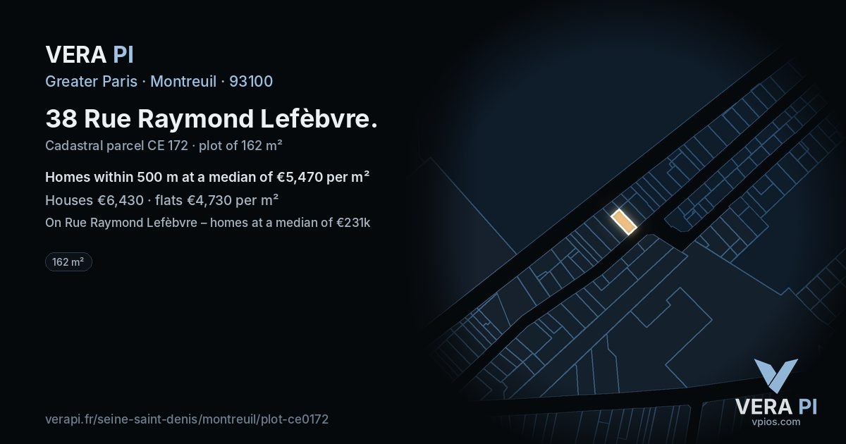 38 Rue Raymond Lefèbvre, Montreuil at night – the plot lit, the parcels around coloured by the prices near them