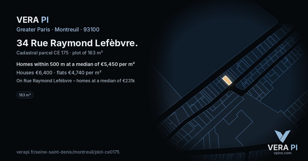 34 Rue Raymond Lefèbvre, Montreuil at night – the plot lit, the parcels around coloured by the prices near them