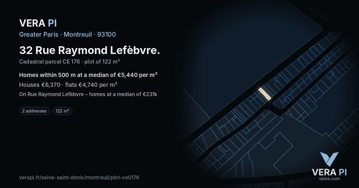 32 Rue Raymond Lefèbvre, Montreuil at night – the plot lit, the parcels around coloured by the prices near them
