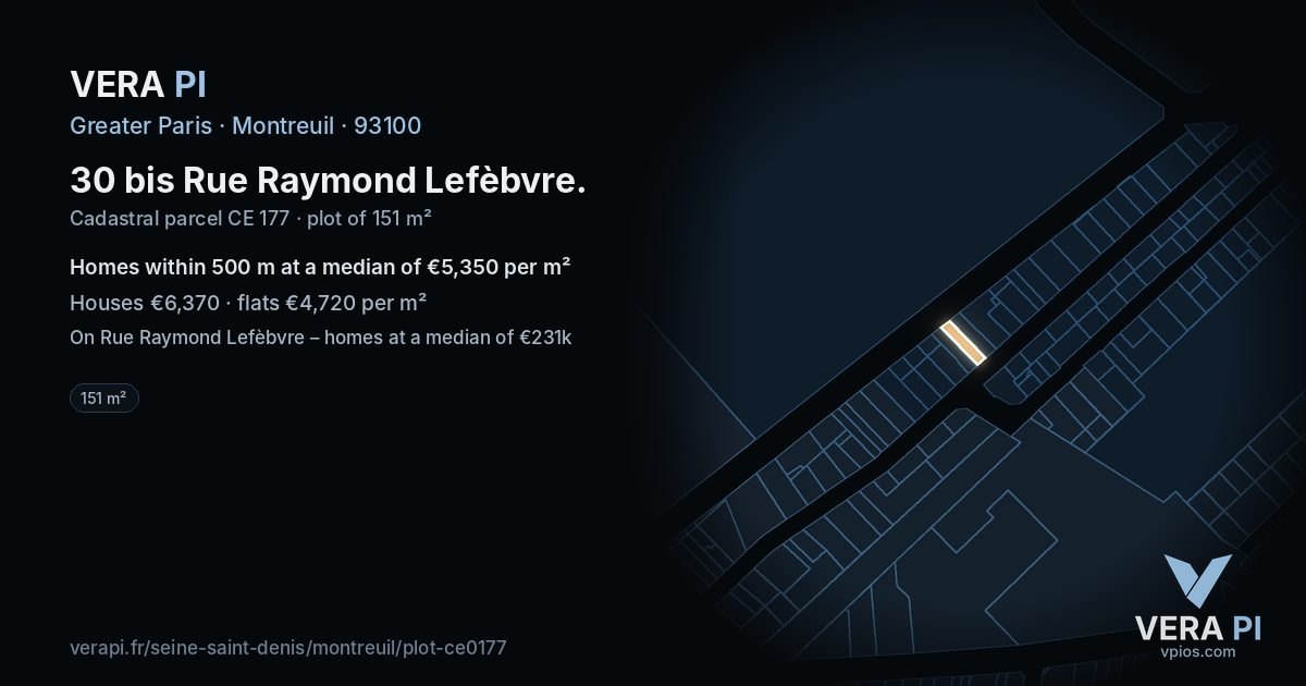 30 bis Rue Raymond Lefèbvre, Montreuil at night – the plot lit, the parcels around coloured by the prices near them