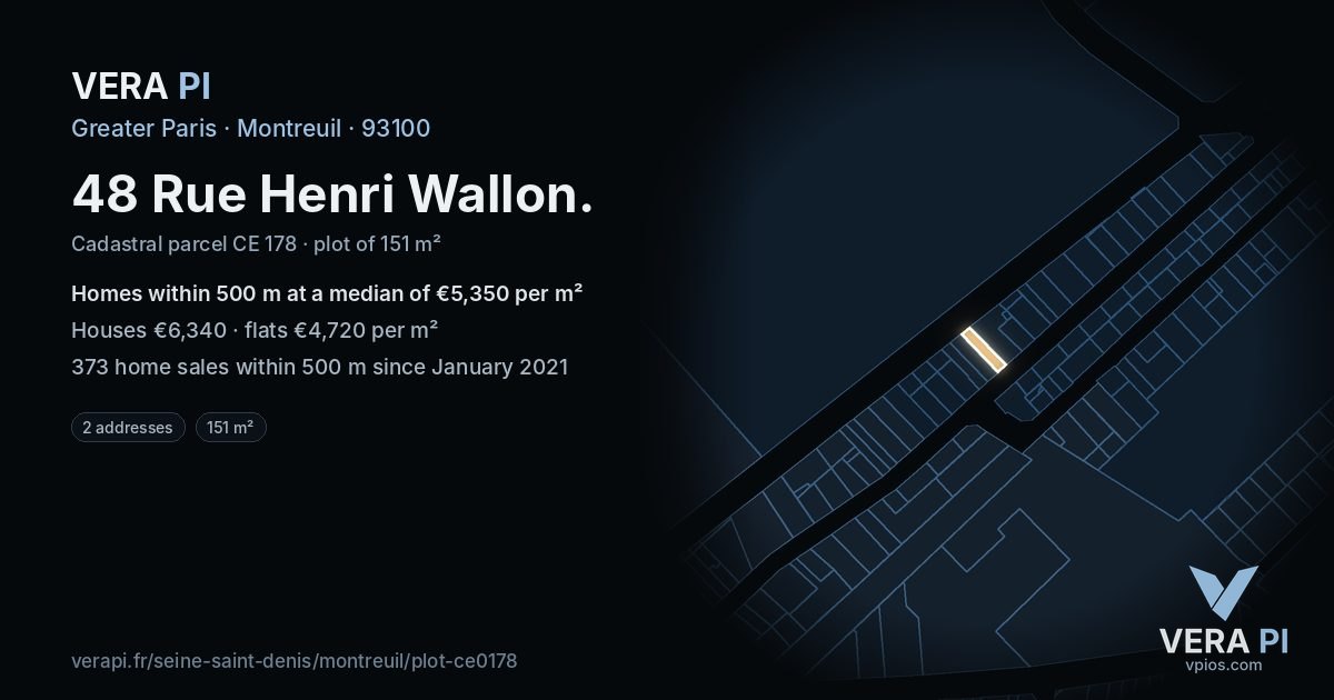 48 Rue Henri Wallon, Montreuil at night – the plot lit, the parcels around coloured by the prices near them