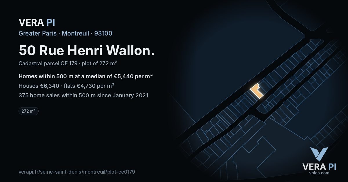 50 Rue Henri Wallon, Montreuil at night – the plot lit, the parcels around coloured by the prices near them