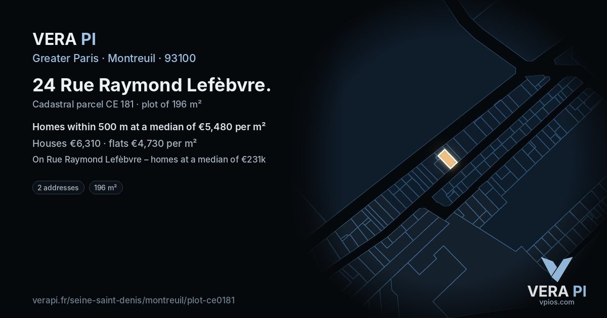 24 Rue Raymond Lefèbvre, Montreuil at night – the plot lit, the parcels around coloured by the prices near them
