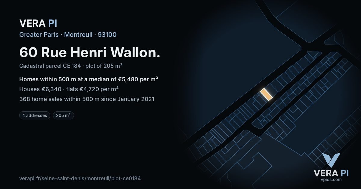 60 Rue Henri Wallon, Montreuil at night – the plot lit, the parcels around coloured by the prices near them