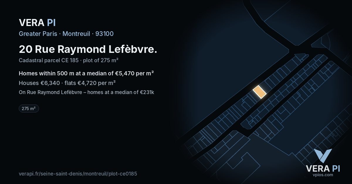 20 Rue Raymond Lefèbvre, Montreuil at night – the plot lit, the parcels around coloured by the prices near them