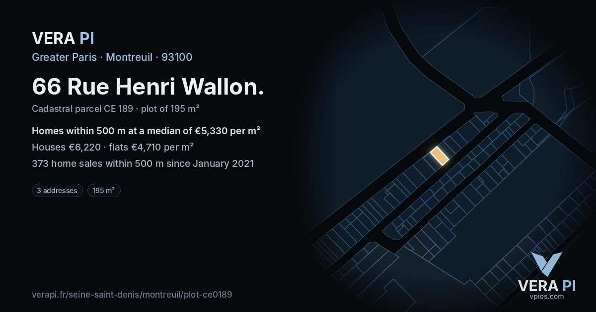 66 Rue Henri Wallon, Montreuil at night – the plot lit, the parcels around coloured by the prices near them