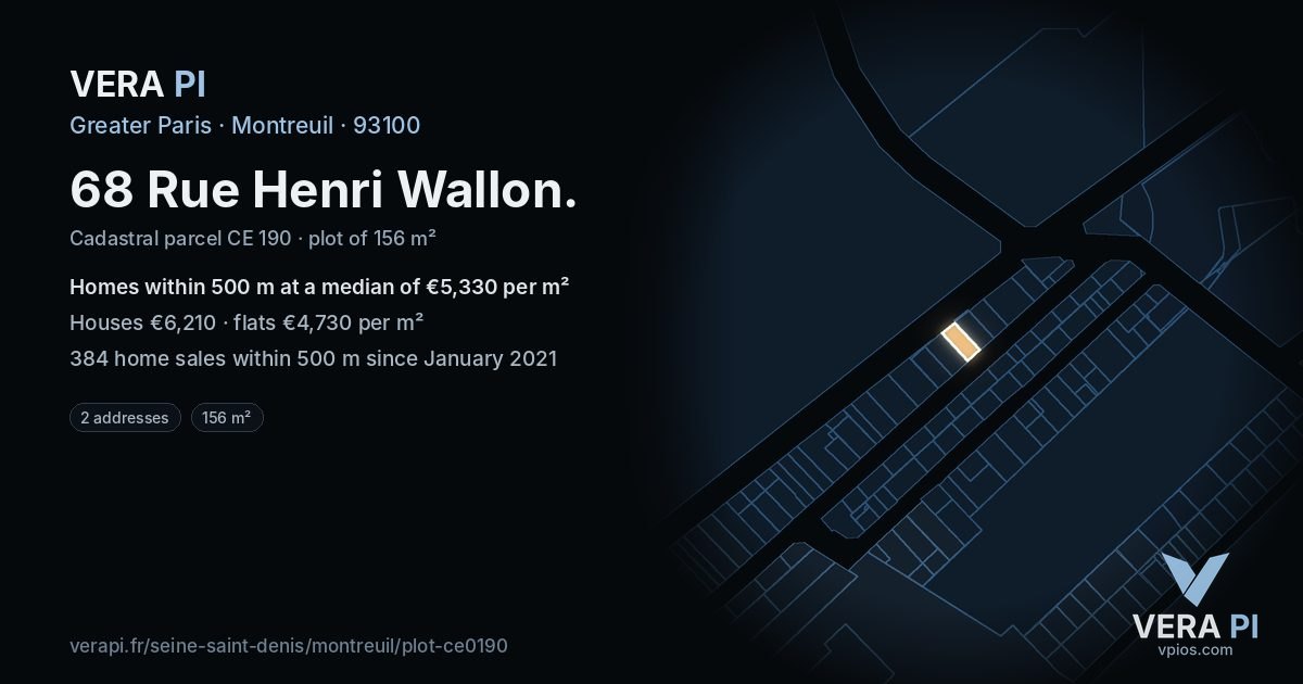 68 Rue Henri Wallon, Montreuil at night – the plot lit, the parcels around coloured by the prices near them