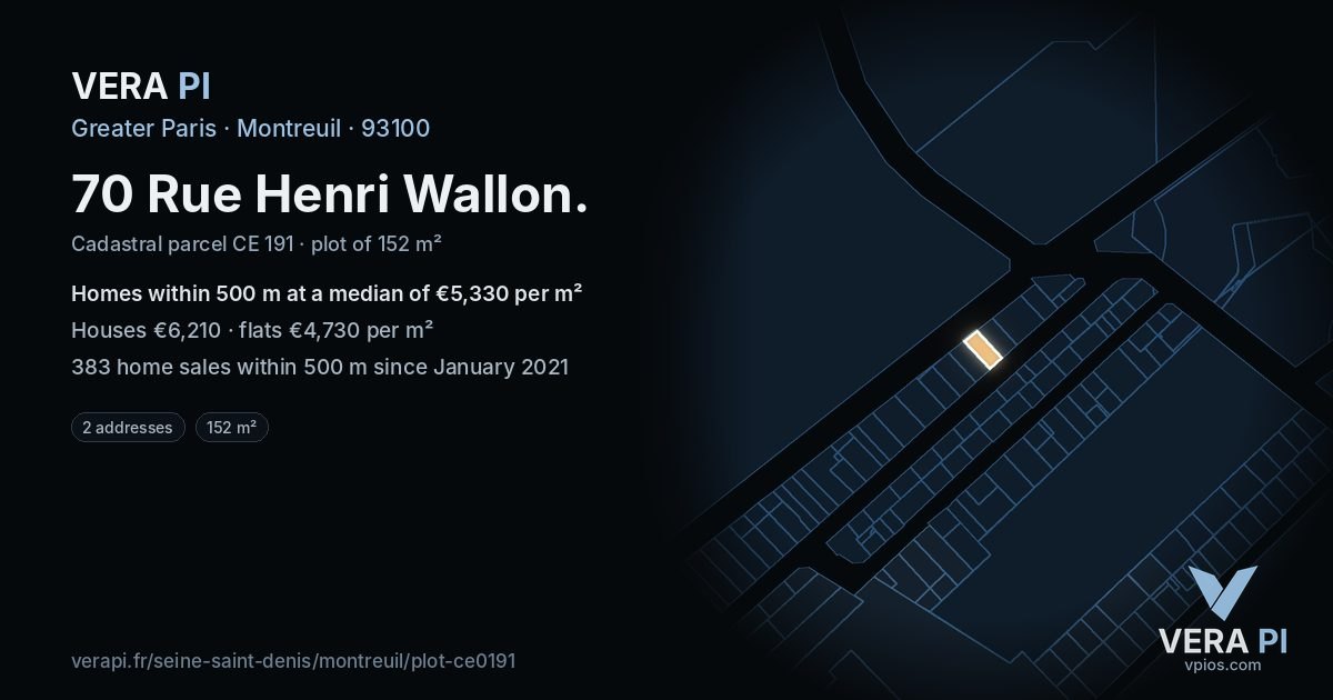 70 Rue Henri Wallon, Montreuil at night – the plot lit, the parcels around coloured by the prices near them