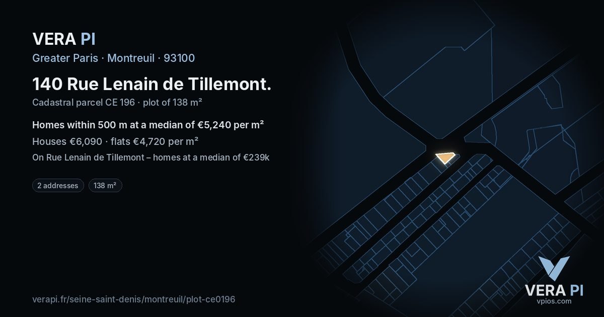 140 Rue Lenain de Tillemont, Montreuil at night – the plot lit, the parcels around coloured by the prices near them