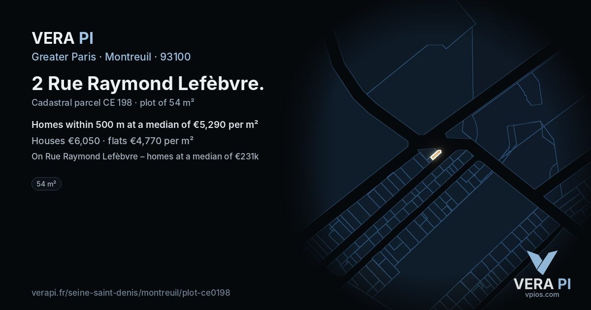 2 Rue Raymond Lefèbvre, Montreuil at night – the plot lit, the parcels around coloured by the prices near them