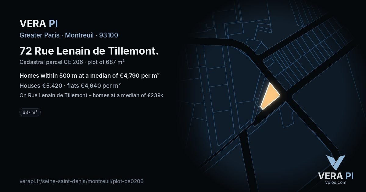 72 Rue Lenain de Tillemont, Montreuil at night – the plot lit, the parcels around coloured by the prices near them