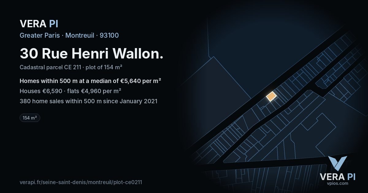 30 Rue Henri Wallon, Montreuil at night – the plot lit, the parcels around coloured by the prices near them