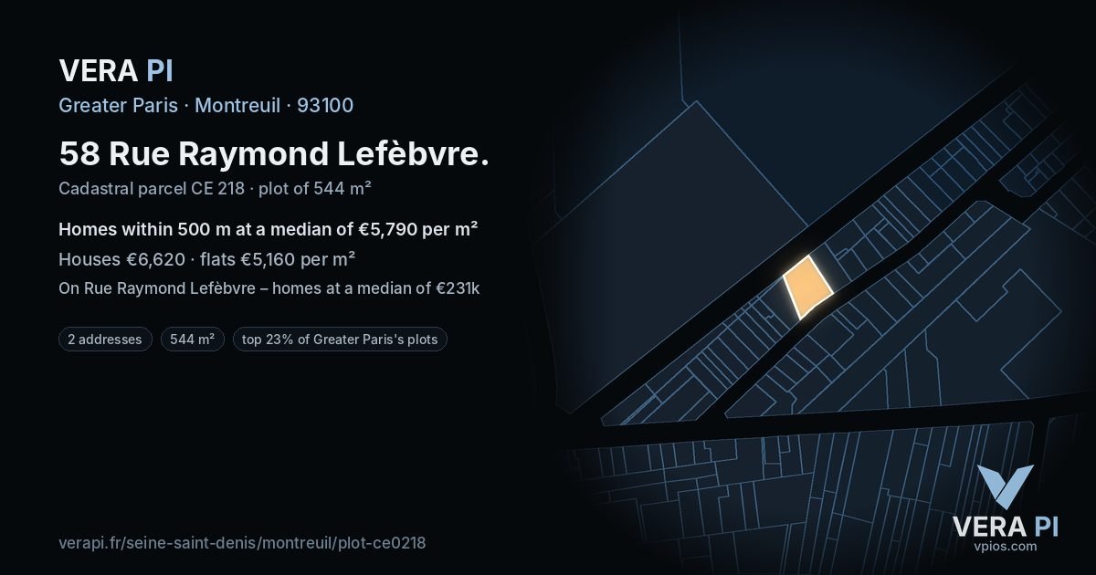 58 Rue Raymond Lefèbvre, Montreuil at night – the plot lit, the parcels around coloured by the prices near them