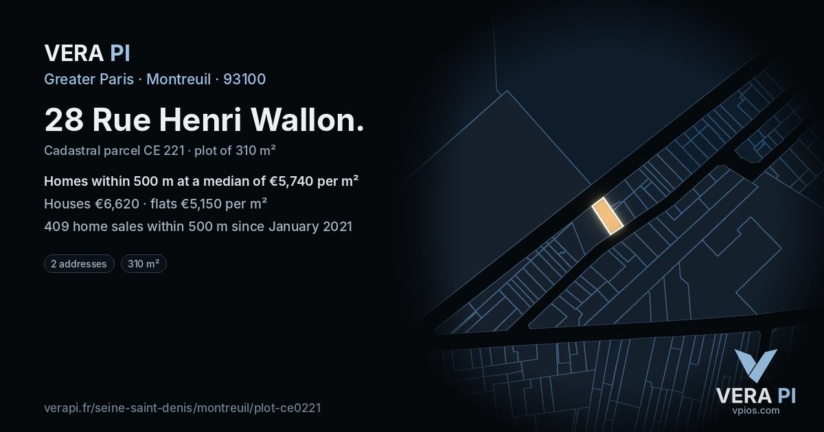 28 Rue Henri Wallon, Montreuil at night – the plot lit, the parcels around coloured by the prices near them