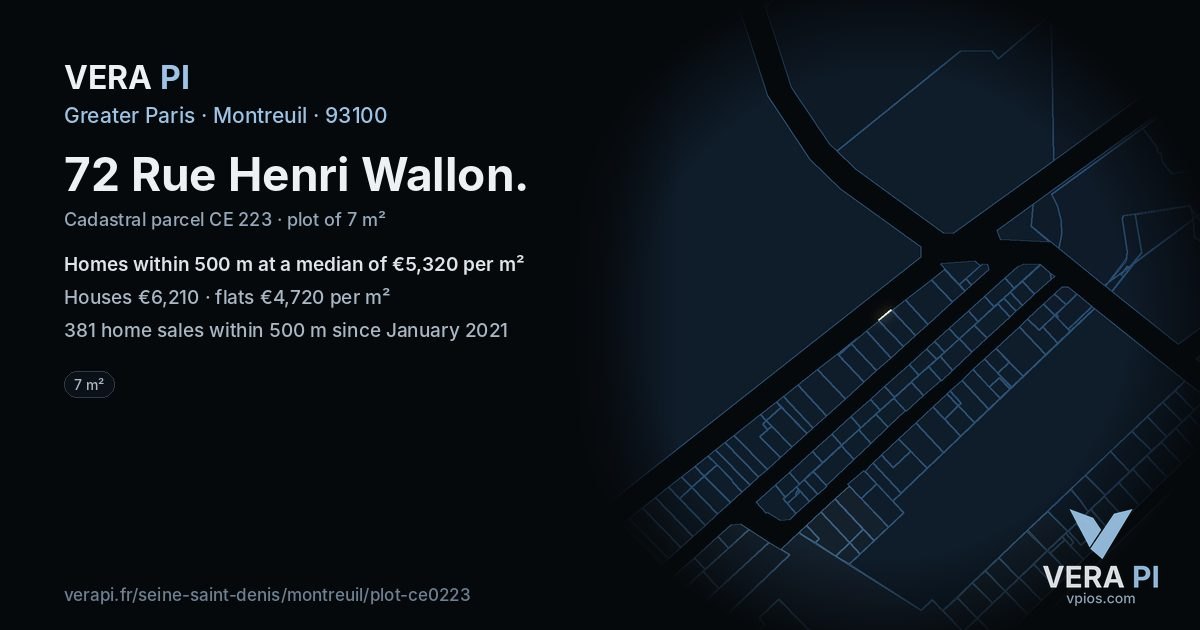 72 Rue Henri Wallon, Montreuil at night – the plot lit, the parcels around coloured by the prices near them