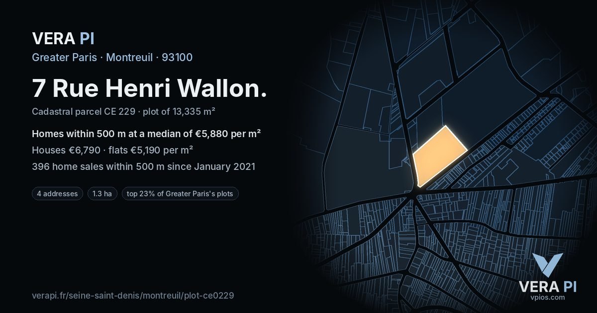7 Rue Henri Wallon, Montreuil at night – the plot lit, the parcels around coloured by the prices near them