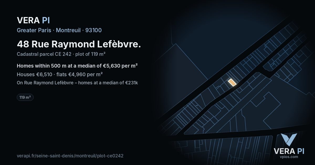 48 Rue Raymond Lefèbvre, Montreuil at night – the plot lit, the parcels around coloured by the prices near them