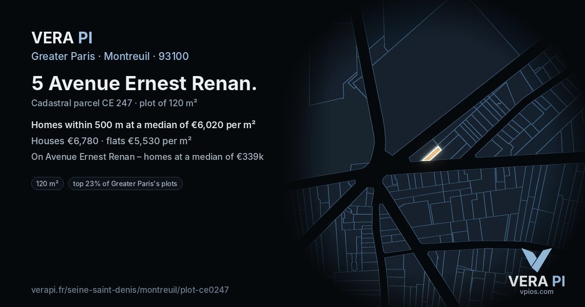 5 Avenue Ernest Renan, Montreuil at night – the plot lit, the parcels around coloured by the prices near them