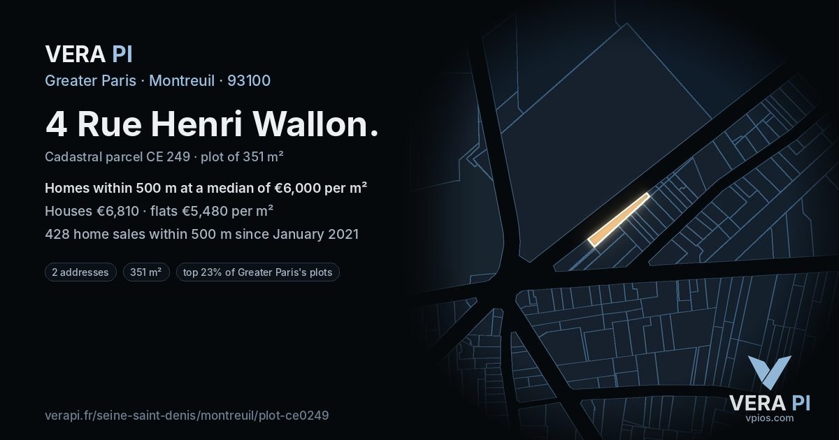 4 Rue Henri Wallon, Montreuil at night – the plot lit, the parcels around coloured by the prices near them