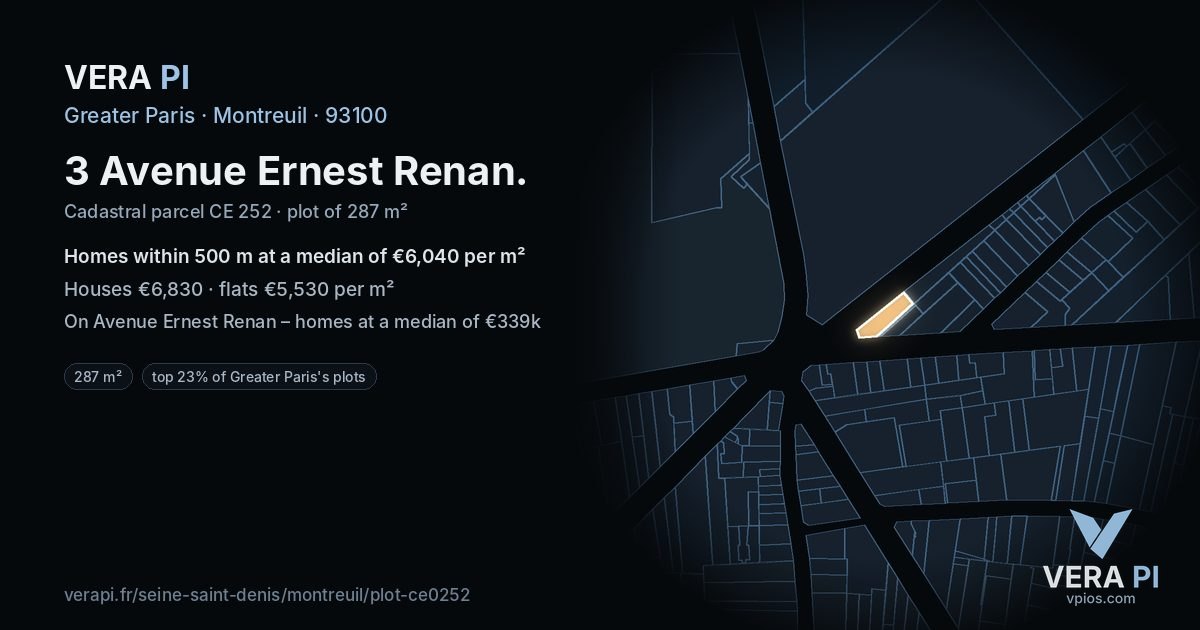 3 Avenue Ernest Renan, Montreuil at night – the plot lit, the parcels around coloured by the prices near them
