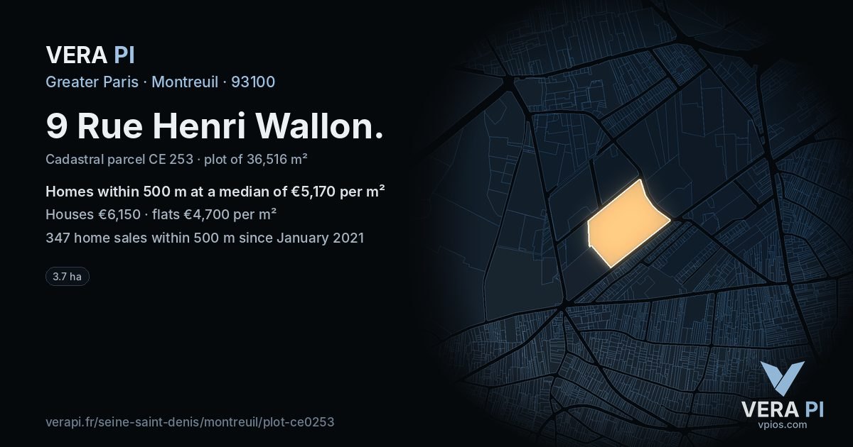 9 Rue Henri Wallon, Montreuil at night – the plot lit, the parcels around coloured by the prices near them