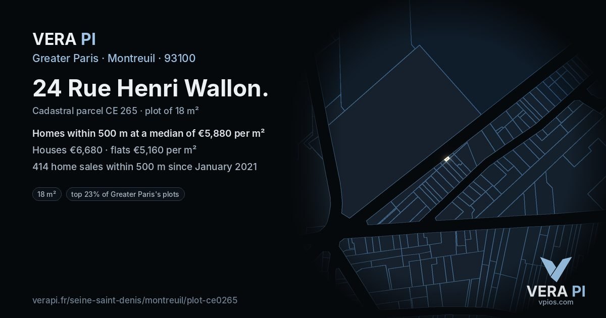 24 Rue Henri Wallon, Montreuil at night – the plot lit, the parcels around coloured by the prices near them