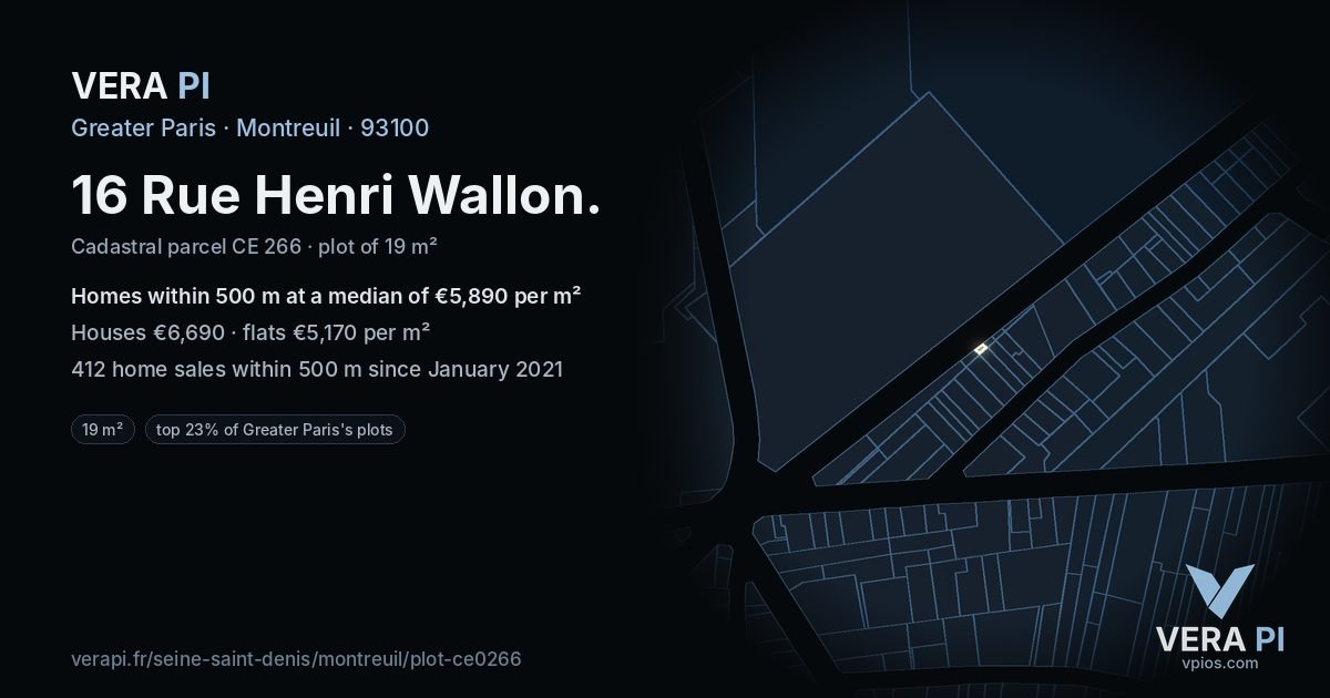 16 Rue Henri Wallon, Montreuil at night – the plot lit, the parcels around coloured by the prices near them