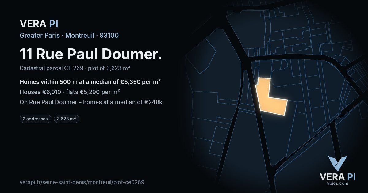 11 Rue Paul Doumer, Montreuil at night – the plot lit, the parcels around coloured by the prices near them