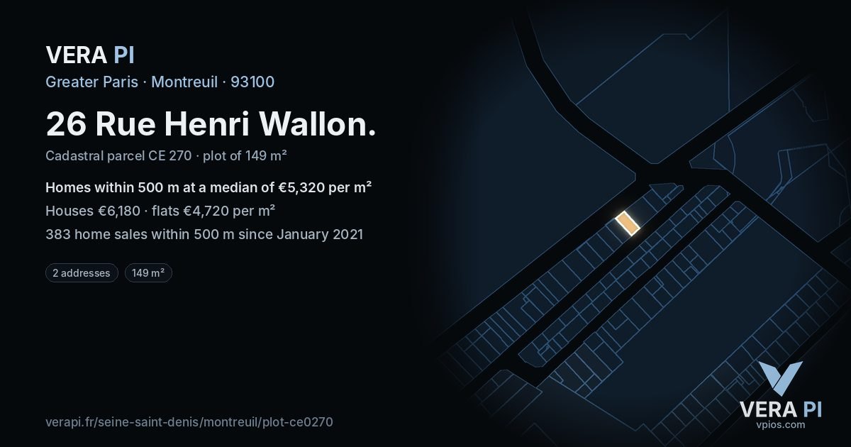 26 Rue Henri Wallon, Montreuil at night – the plot lit, the parcels around coloured by the prices near them