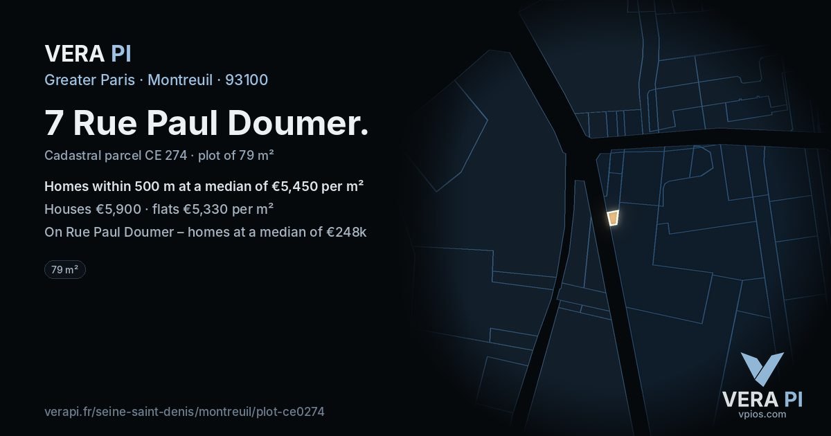 7 Rue Paul Doumer, Montreuil at night – the plot lit, the parcels around coloured by the prices near them
