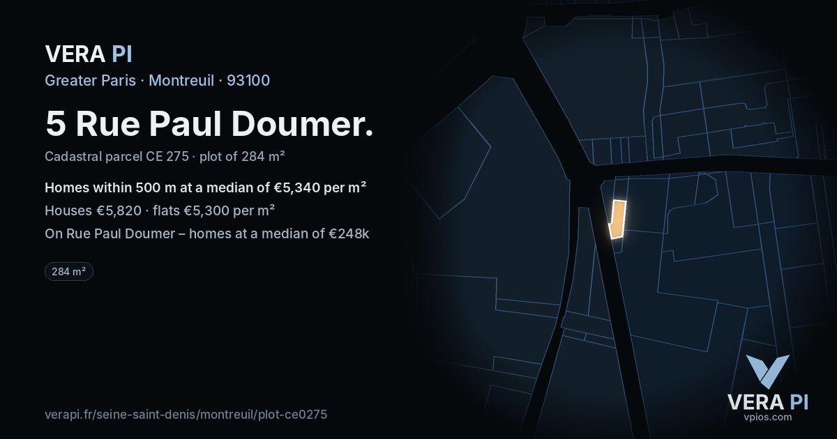 5 Rue Paul Doumer, Montreuil at night – the plot lit, the parcels around coloured by the prices near them