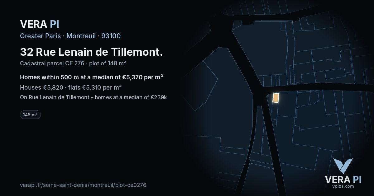 32 Rue Lenain de Tillemont, Montreuil at night – the plot lit, the parcels around coloured by the prices near them