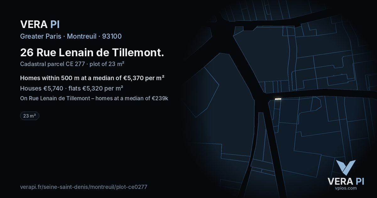 26 Rue Lenain de Tillemont, Montreuil at night – the plot lit, the parcels around coloured by the prices near them