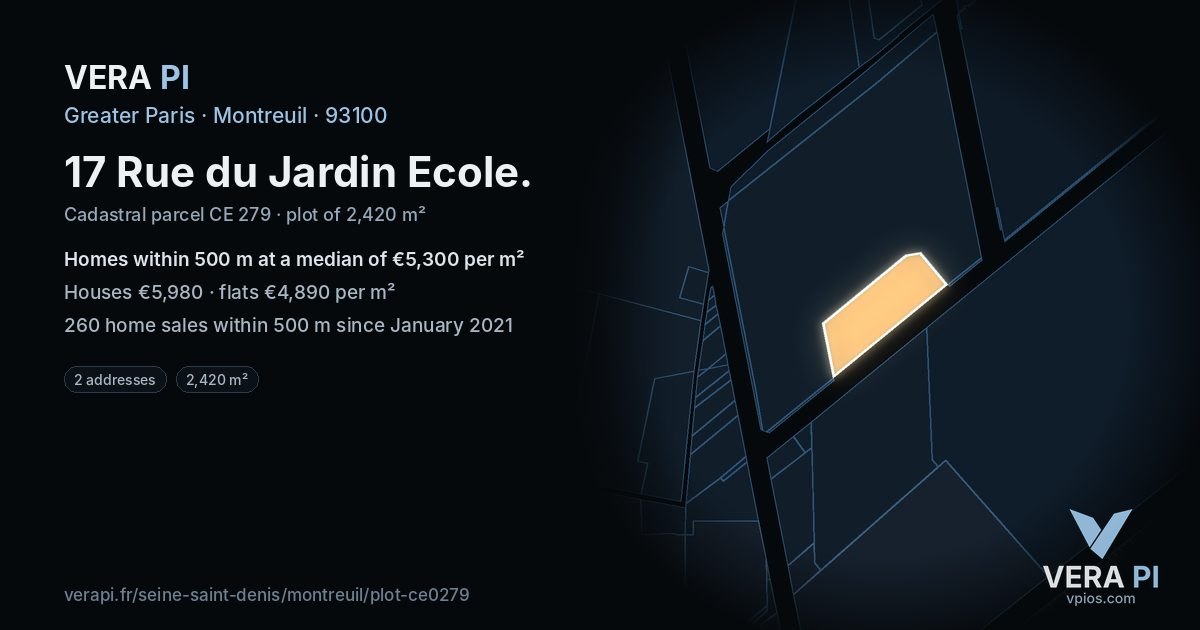 17 Rue du Jardin Ecole, Montreuil at night – the plot lit, the parcels around coloured by the prices near them