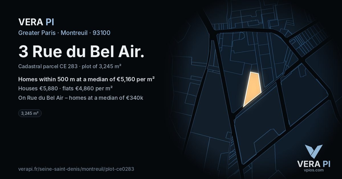 3 Rue du Bel Air, Montreuil at night – the plot lit, the parcels around coloured by the prices near them