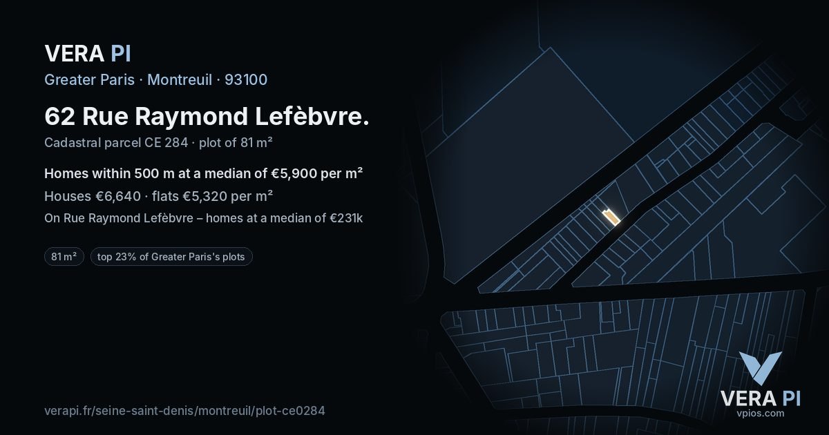 62 Rue Raymond Lefèbvre, Montreuil at night – the plot lit, the parcels around coloured by the prices near them