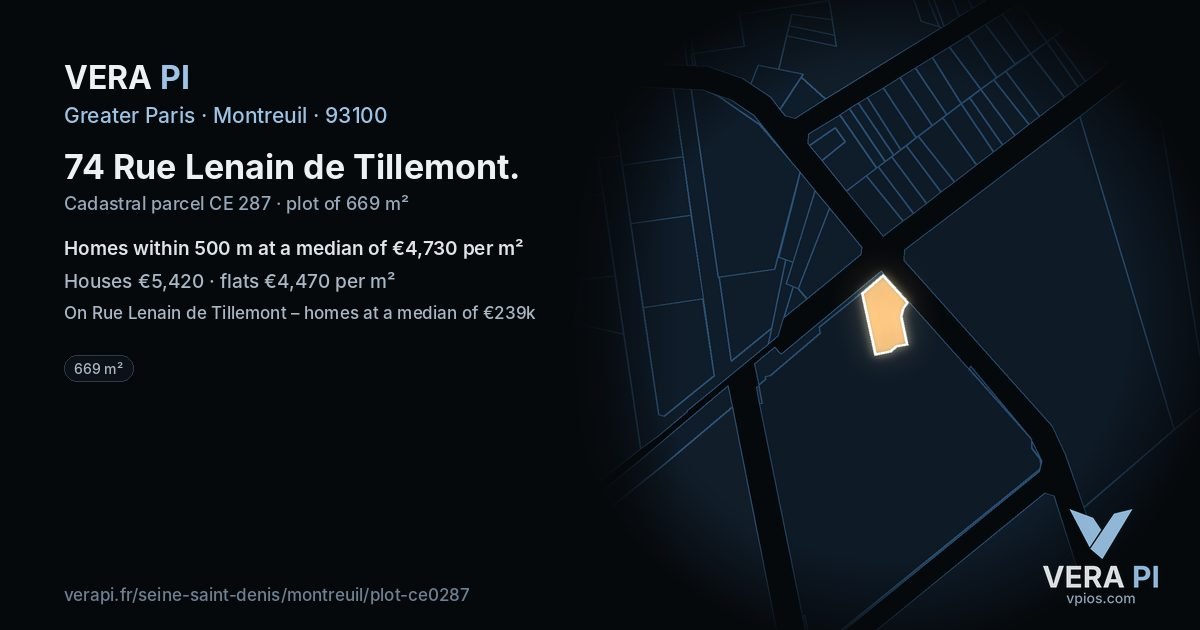 74 Rue Lenain de Tillemont, Montreuil at night – the plot lit, the parcels around coloured by the prices near them