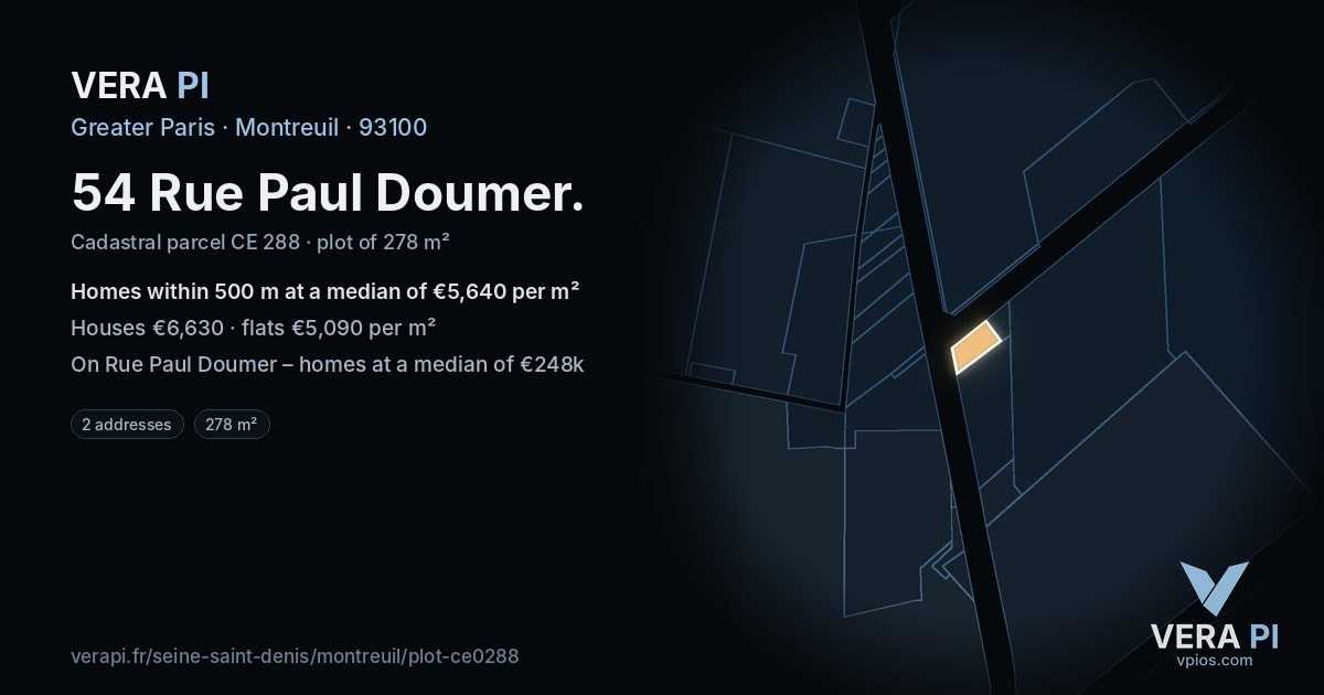 54 Rue Paul Doumer, Montreuil at night – the plot lit, the parcels around coloured by the prices near them