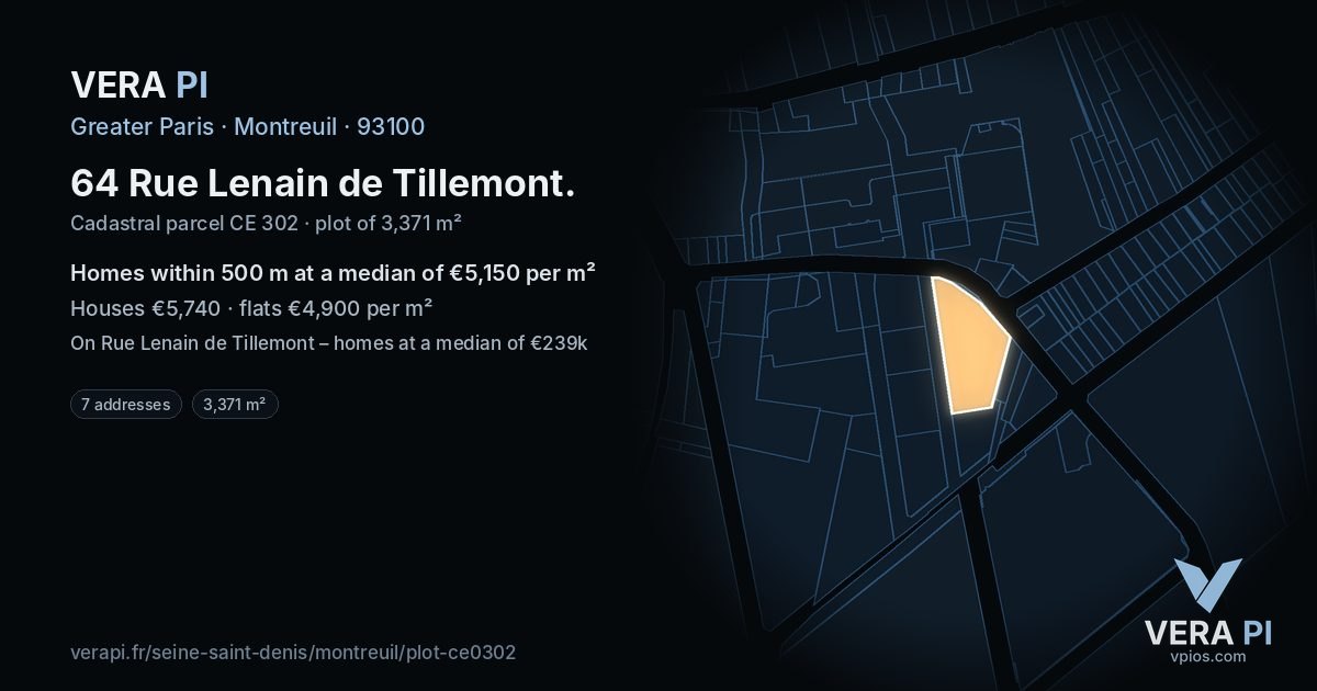 64 Rue Lenain de Tillemont, Montreuil at night – the plot lit, the parcels around coloured by the prices near them