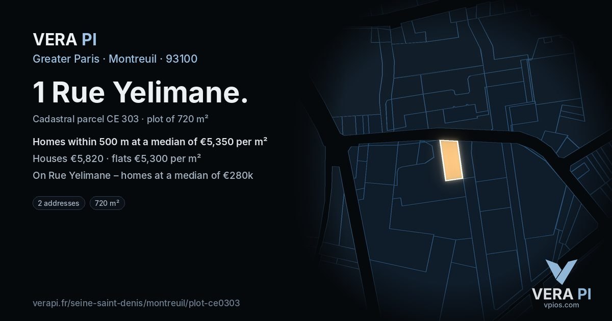 1 Rue Yelimane, Montreuil at night – the plot lit, the parcels around coloured by the prices near them