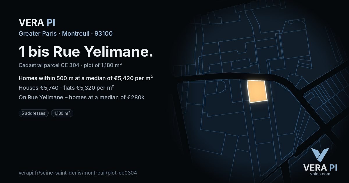 1 bis Rue Yelimane, Montreuil at night – the plot lit, the parcels around coloured by the prices near them