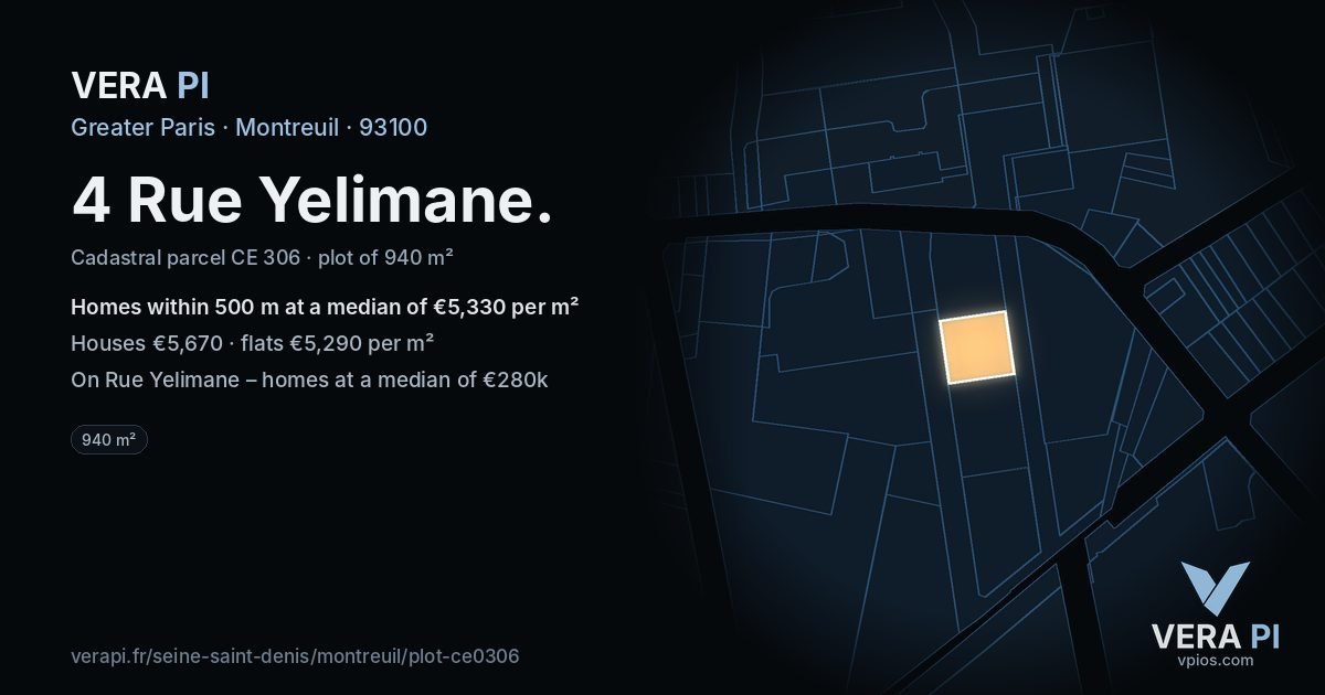 4 Rue Yelimane, Montreuil at night – the plot lit, the parcels around coloured by the prices near them