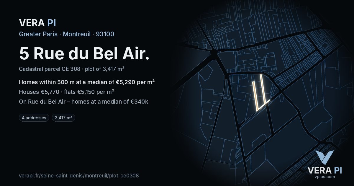 5 Rue du Bel Air, Montreuil at night – the plot lit, the parcels around coloured by the prices near them