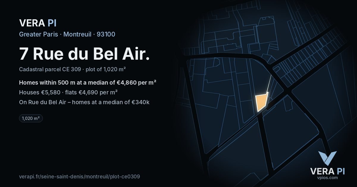 7 Rue du Bel Air, Montreuil at night – the plot lit, the parcels around coloured by the prices near them