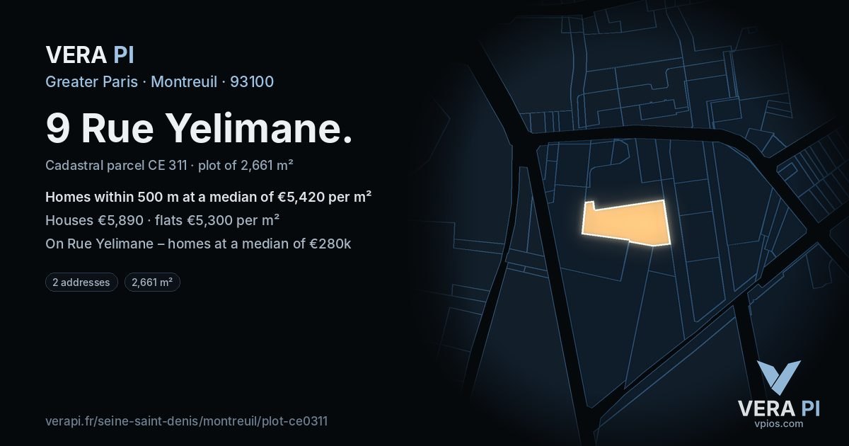 9 Rue Yelimane, Montreuil at night – the plot lit, the parcels around coloured by the prices near them