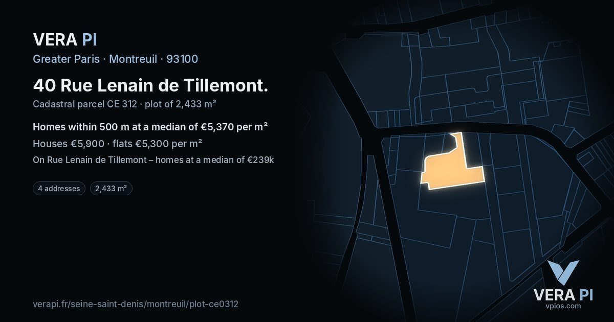 40 Rue Lenain de Tillemont, Montreuil at night – the plot lit, the parcels around coloured by the prices near them