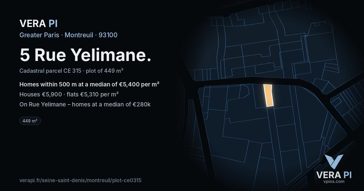 5 Rue Yelimane, Montreuil at night – the plot lit, the parcels around coloured by the prices near them
