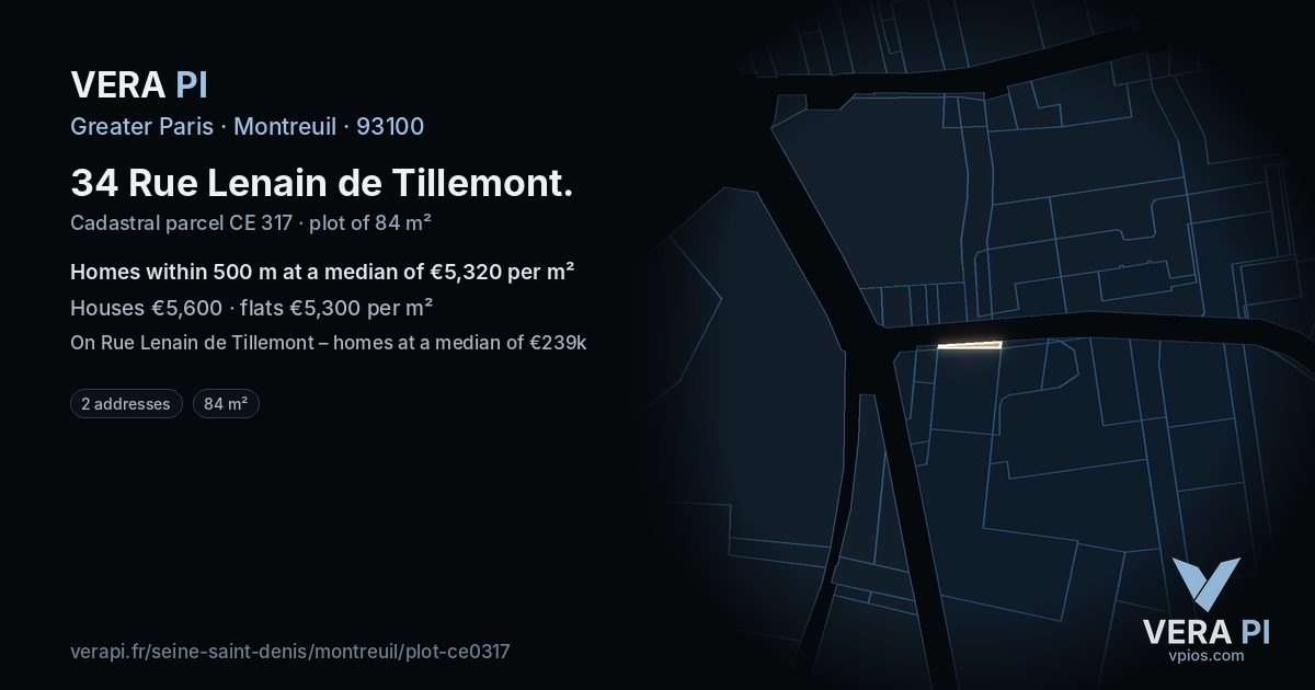 34 Rue Lenain de Tillemont, Montreuil at night – the plot lit, the parcels around coloured by the prices near them