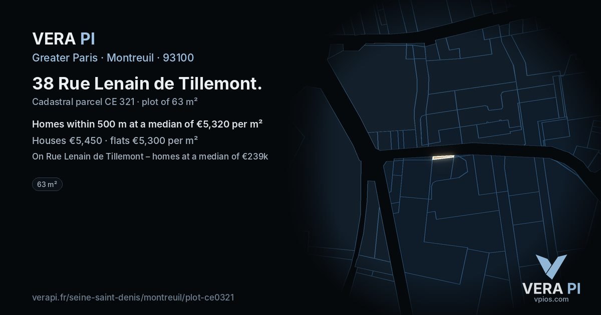 38 Rue Lenain de Tillemont, Montreuil at night – the plot lit, the parcels around coloured by the prices near them